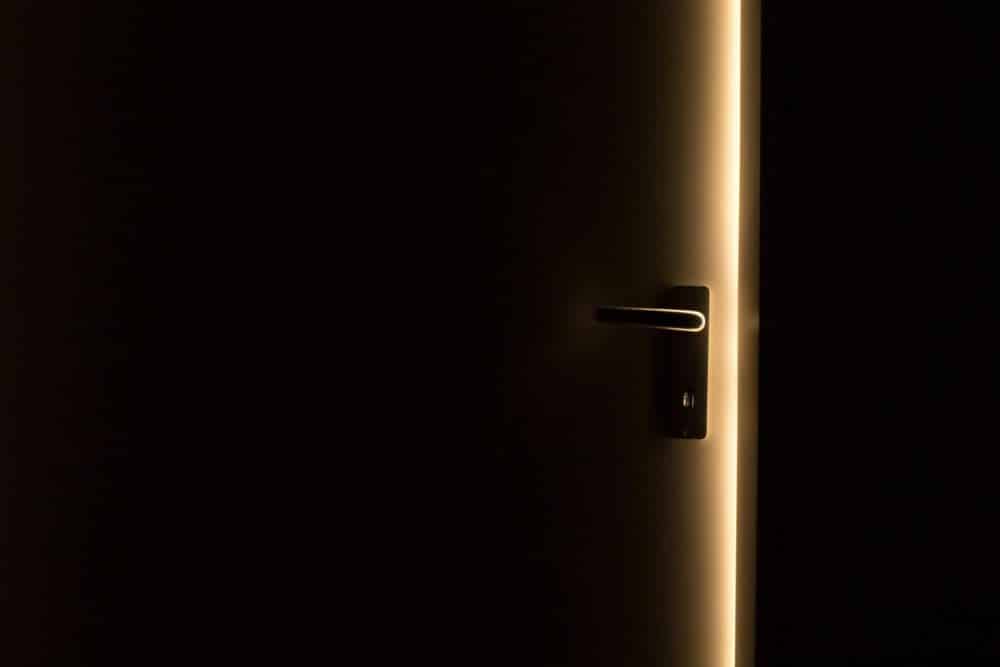 A partially open door with light emerging from darkness, symbolizing uncertainty and investigation.